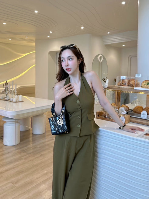 Women Casual Halter Neck Waist Coat with Trousers Sets